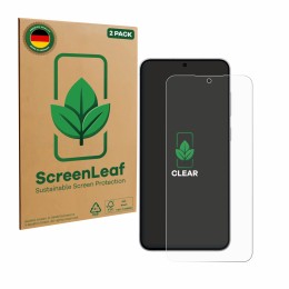 Vorderseite einer Produktverpackung mit dem Markenlogo ScreenLeaf. Daneben ist das Gerät Samsung Galaxy S25 FE mit dem zugehör