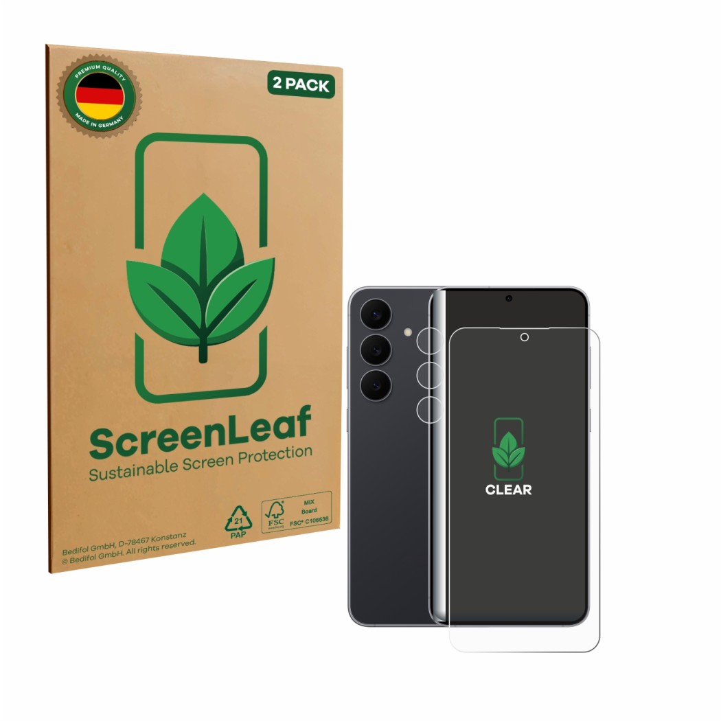 Vorderseite einer Produktverpackung mit dem Markenlogo ScreenLeaf. Daneben ist das Gerät Samsung Galaxy S25 FE (Display+Kamera