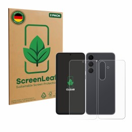 Vorderseite einer Produktverpackung mit dem Markenlogo ScreenLeaf. Daneben ist das Gerät Samsung Galaxy S25 FE (Display+Rückse