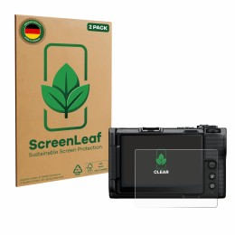 Face avant d’un emballage produit avec le logo de la marque ScreenLeaf. À côté, l’appareil Nikon ZR est représenté avec la pro