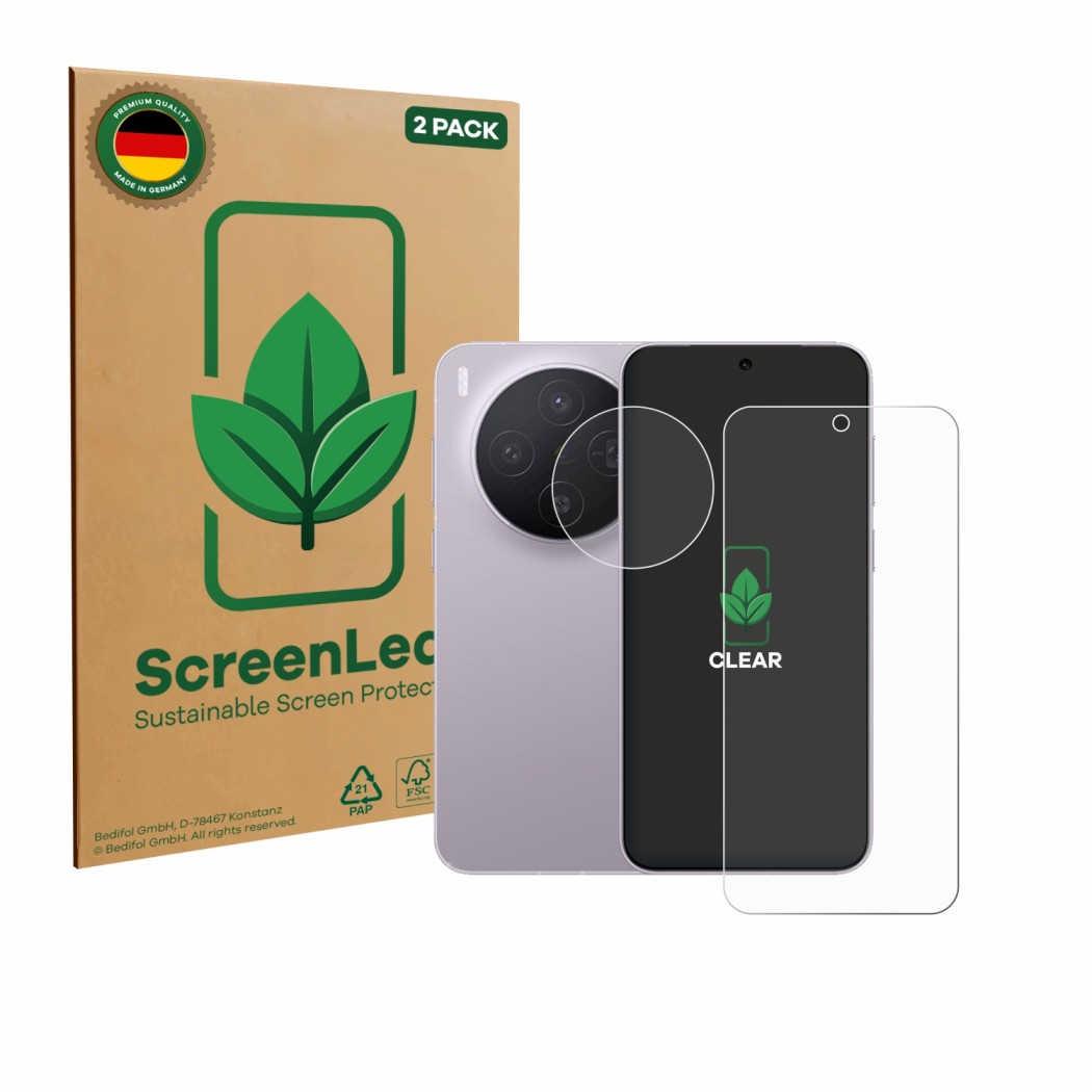 Parte frontal de un envase de producto con el logotipo de la marca ScreenLeaf. Al lado se muestra el dispositivo Vivo X300 Pro