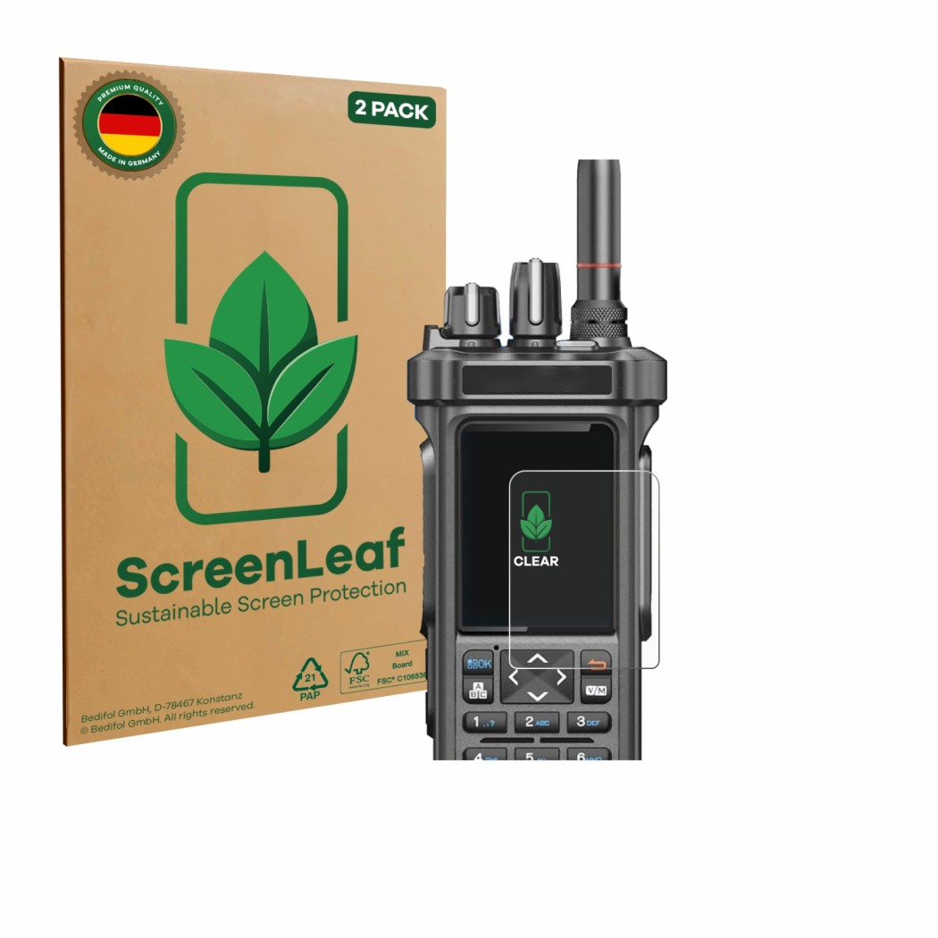 Face avant d’un emballage produit avec le logo de la marque ScreenLeaf. À côté, l’appareil Radtel RT-950 Pro est représenté av