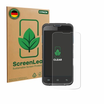 Face avant d’un emballage produit avec le logo de la marque ScreenLeaf. À côté, l’appareil Unitech EA602 est représenté avec l
