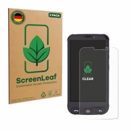 Front side of a product packaging with the brand logo ScreenLeaf. Next to it is the device Olympia Neo Mini shown with the cor