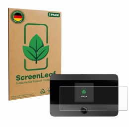 Parte frontal de un envase de producto con el logotipo de la marca ScreenLeaf. Al lado se muestra el dispositivo TP-Link M7350