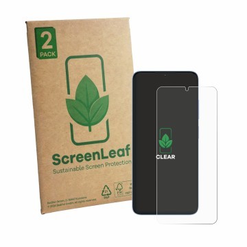 Parte frontal de un envase de producto con el logotipo de la marca ScreenLeaf. Al lado se muestra el dispositivo Itel Zeno 20 