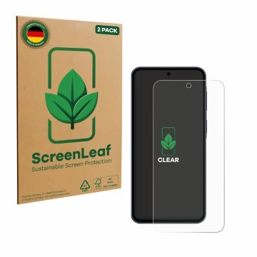 Face avant d’un emballage produit avec le logo de la marque ScreenLeaf. À côté, l’appareil Samsung Galaxy A37 5G est représent