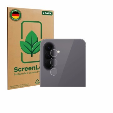 Front side of a product packaging with the brand logo ScreenLeaf. Next to it is the device Samsung Galaxy A57 5G (ONLY Camera 