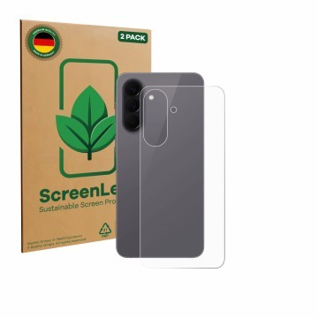 Front side of a product packaging with the brand logo ScreenLeaf. Next to it is the device Samsung Galaxy A57 5G (Back) shown 