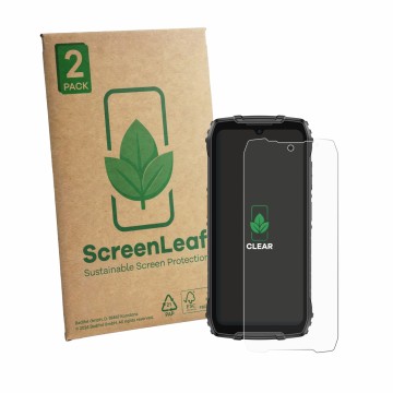 Parte frontal de un envase de producto con el logotipo de la marca ScreenLeaf. Al lado se muestra el dispositivo Ulefone RugKi