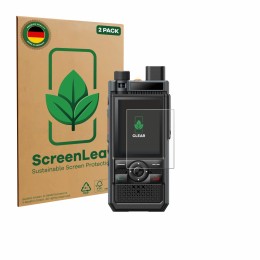 Parte frontal de un envase de producto con el logotipo de la marca ScreenLeaf. Al lado se muestra el dispositivo Hytera P50 co