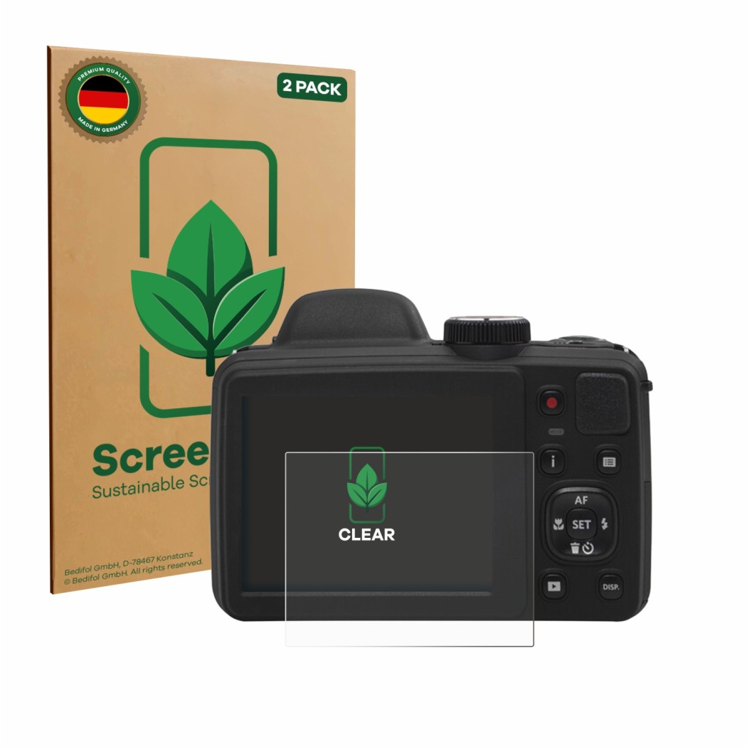 Front side of a product packaging with the brand logo ScreenLeaf. Next to it is the device Kodak Pixpro AZ405 shown with the c