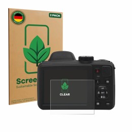 Front side of a product packaging with the brand logo ScreenLeaf. Next to it is the device Kodak Pixpro AZ405 shown with the c