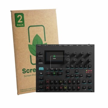 Parte frontal de un envase de producto con el logotipo de la marca ScreenLeaf. Al lado se muestra el dispositivo Elektron Digi