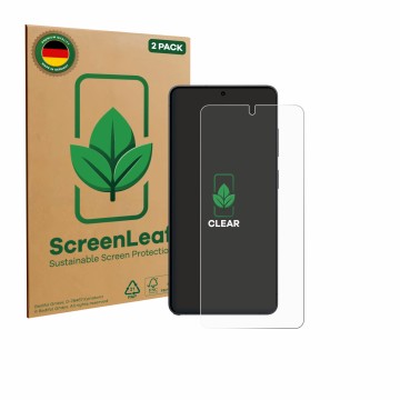 Parte frontale di una confezione del prodotto con il logo del marchio ScreenLeaf. Accanto è raffigurato il dispositivo Samsung