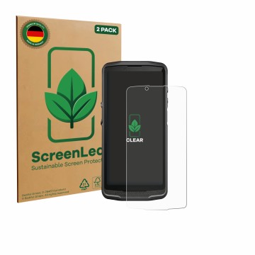 Vorderseite einer Produktverpackung mit dem Markenlogo ScreenLeaf. Daneben ist das Gerät Crosscall Core M6 mit dem zugehörigen