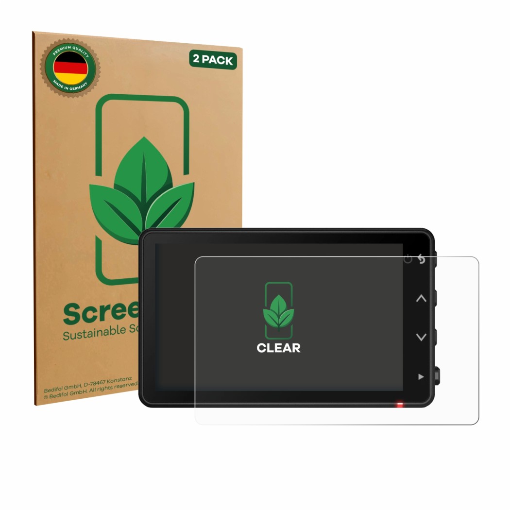 Front side of a product packaging with the brand logo ScreenLeaf. Next to it is the device Garmin Catalyst 2 shown with the co