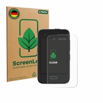 Front side of a product packaging with the brand logo ScreenLeaf. Next to it is the device Xplora One shown with the correspon