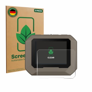 Parte frontal de un envase de producto con el logotipo de la marca ScreenLeaf. Al lado se muestra el dispositivo Garmin Xero C