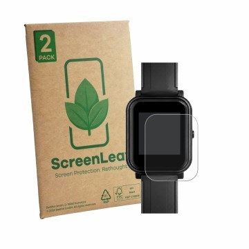 Front side of a product packaging with the brand logo ScreenLeaf. Next to it is the device Bangle.js 2 shown with the correspo