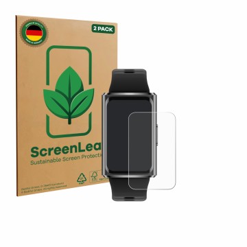 Parte frontal de un envase de producto con el logotipo de la marca ScreenLeaf. Al lado se muestra el dispositivo Huawei Band 1