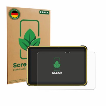 Parte frontal de un envase de producto con el logotipo de la marca ScreenLeaf. Al lado se muestra el dispositivo Ulefone RugKi