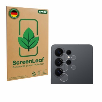 Parte frontal de un envase de producto con el logotipo de la marca ScreenLeaf. Al lado se muestra el dispositivo Samsung Galax