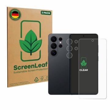 Parte frontal de un envase de producto con el logotipo de la marca ScreenLeaf. Al lado se muestra el dispositivo Samsung Galax