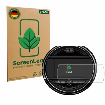 Vorderseite einer Produktverpackung mit dem Markenlogo ScreenLeaf. Daneben ist das Gerät Mini Clubman 2018 - 2020 mit dem zuge
