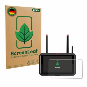 Face avant d’un emballage produit avec le logo de la marque ScreenLeaf. À côté, l’appareil Atomos Ninja TX est représenté avec