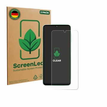 Front side of a product packaging with the brand logo ScreenLeaf. Next to it is the device Samsung Galaxy F70e shown with the 