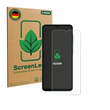 Front side of a product packaging with the brand logo ScreenLeaf. Next to it is the device Samsung Galaxy F07 shown with the c