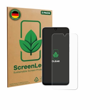 Vorderseite einer Produktverpackung mit dem Markenlogo ScreenLeaf. Daneben ist das Gerät Samsung Galaxy F36 mit dem zugehörige