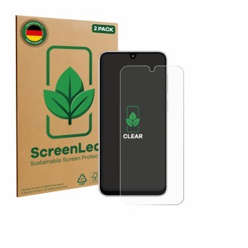 Front side of a product packaging with the brand logo ScreenLeaf. Next to it is the device Samsung Galaxy M36 shown with the c