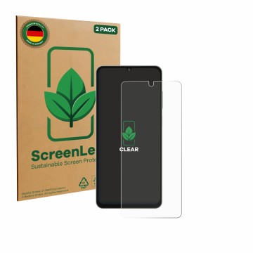 Vorderseite einer Produktverpackung mit dem Markenlogo ScreenLeaf. Daneben ist das Gerät Samsung Galaxy M06 mit dem zugehörige
