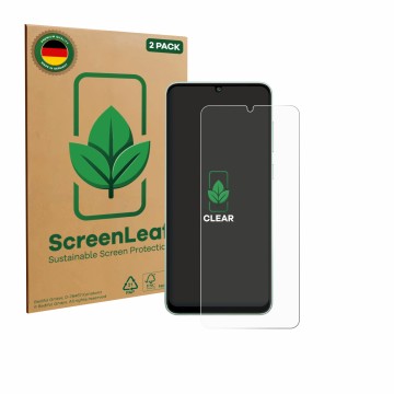Front side of a product packaging with the brand logo ScreenLeaf. Next to it is the device Samsung Galaxy M05 shown with the c