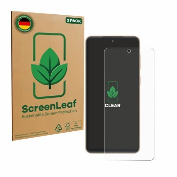 Vorderseite einer Produktverpackung mit dem Markenlogo ScreenLeaf. Daneben ist das Gerät Samsung Galaxy F55 mit dem zugehörige