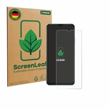 Front side of a product packaging with the brand logo ScreenLeaf. Next to it is the device Huawei Enjoy 70 shown with the corr