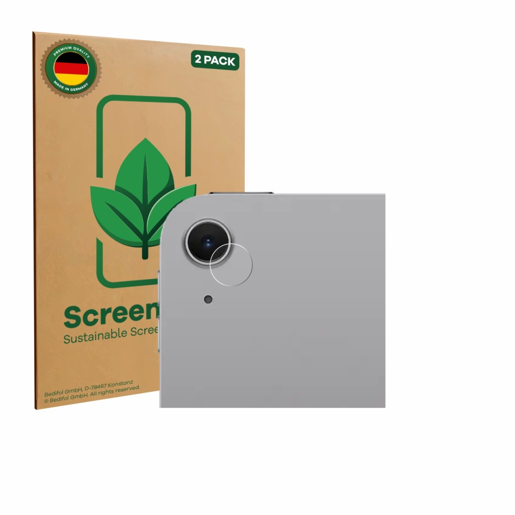Face avant d’un emballage produit avec le logo de la marque ScreenLeaf. À côté, l’appareil Apple iPad Air 13