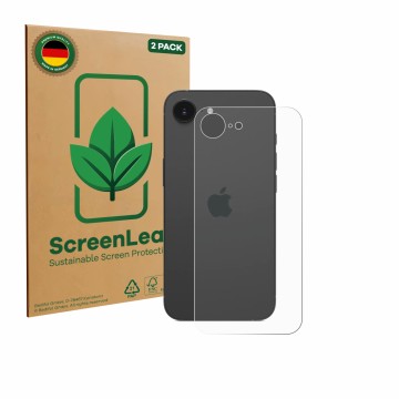 Vorderseite einer Produktverpackung mit dem Markenlogo ScreenLeaf. Daneben ist das Gerät Apple iPhone 17e (Rückseite) mit dem 
