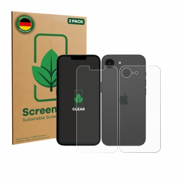 Vorderseite einer Produktverpackung mit dem Markenlogo ScreenLeaf. Daneben ist das Gerät Apple iPhone 17e (Display+Rückseite) 