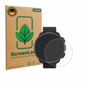 Parte frontal de un envase de producto con el logotipo de la marca ScreenLeaf. Al lado se muestra el dispositivo Suunto Nautic