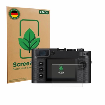 Face avant d’un emballage produit avec le logo de la marque ScreenLeaf. À côté, l’appareil Leica M EV1 est représenté avec la 