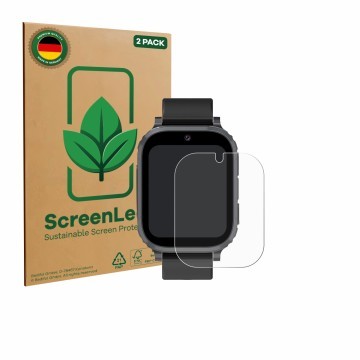 Face avant d’un emballage produit avec le logo de la marque ScreenLeaf. À côté, l’appareil Ruopoem Kids Smartwatch 4G est repr