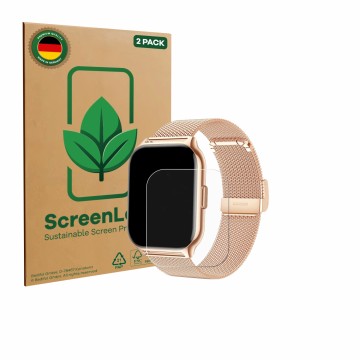 Face avant d’un emballage produit avec le logo de la marque ScreenLeaf. À côté, l’appareil APAUK Smartwatch 2.01