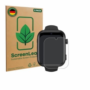 Front side of a product packaging with the brand logo ScreenLeaf. Next to it is the device Aimiuvei Kids Smartwatch shown with