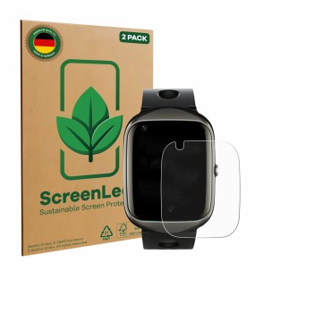 Front side of a product packaging with the brand logo ScreenLeaf. Next to it is the device ABUBU ‎SmartWatch PBL2 shown with t