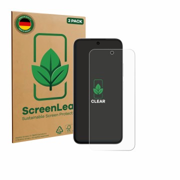 Parte frontal de un envase de producto con el logotipo de la marca ScreenLeaf. Al lado se muestra el dispositivo Oppo A6s 5G c