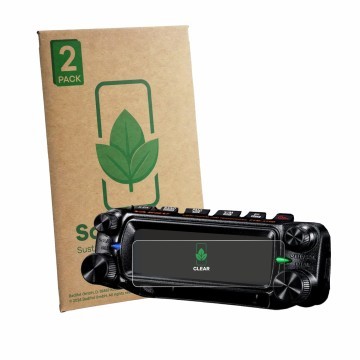 Parte frontal de un envase de producto con el logotipo de la marca ScreenLeaf. Al lado se muestra el dispositivo Yaesu FTM-310