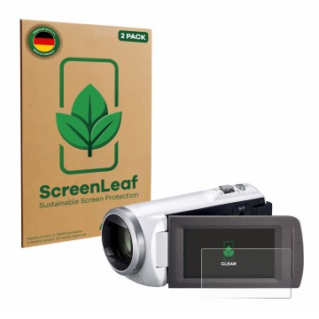 Parte frontale di una confezione del prodotto con il logo del marchio ScreenLeaf. Accanto è raffigurato il dispositivo Panason